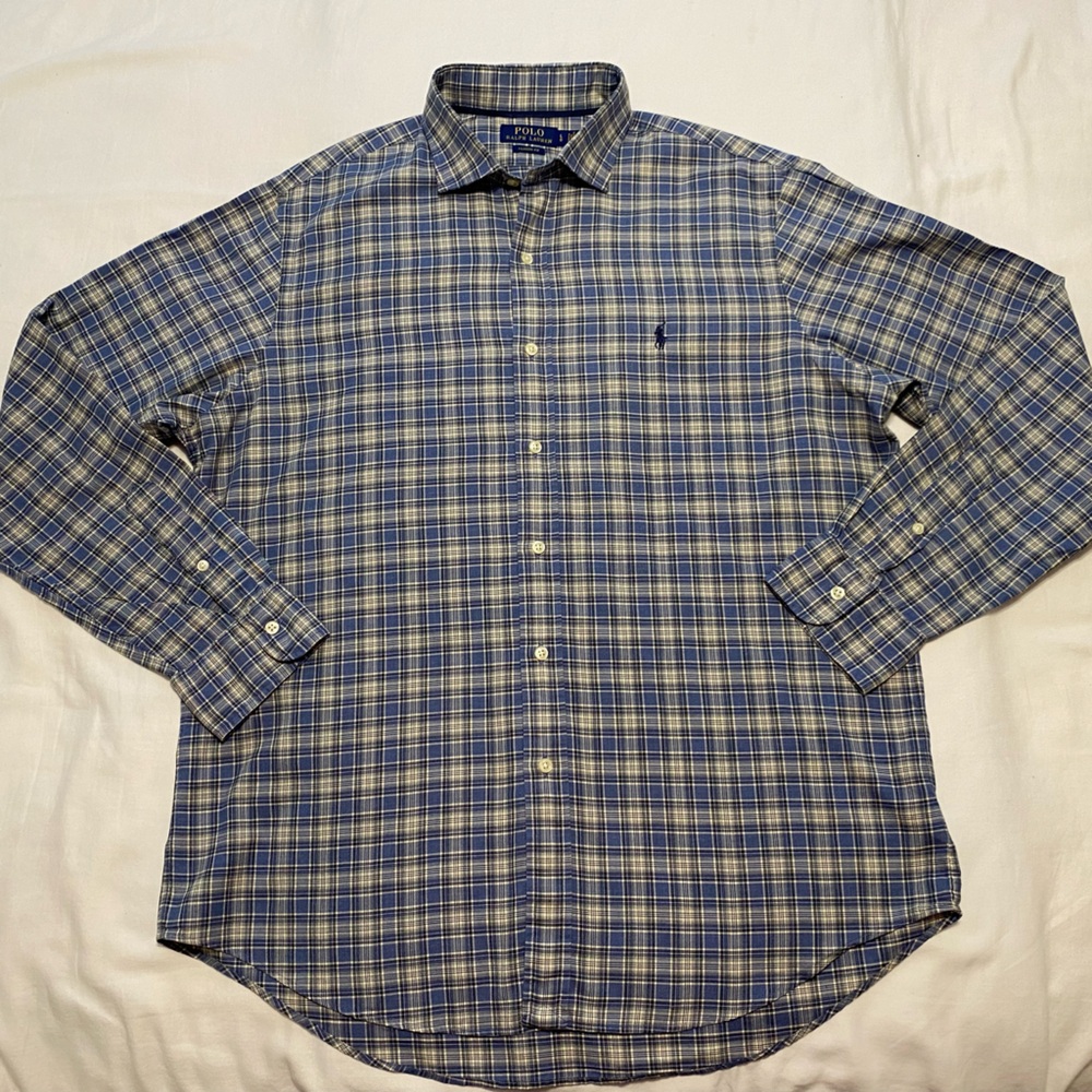 Men’s L POLO Ralph Lauren Classic Fit Blue Plaid Long Sleeve Button Up Shirt